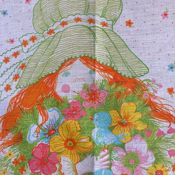 Vintage fabric panel, girl holding bouquet of flowers