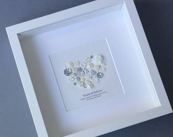 15th Wedding Anniversary Gift, Crystal Anniversary Frame, Button Art, Crystal Wedding Anniversary, 15th Anniversary, Celebrating 15 years