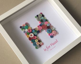 Button Art Initial Picture, Button Letter, Alphabet Art, Christening Gift, New Baby, Bridesmaid Gift, Gift for Niece, Baby Shower, Baby Girl