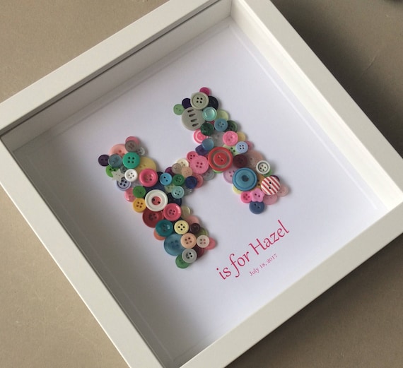 Button Art Initial Picture, Button Letter, Alphabet Art, Christening Gift, New Baby, Bridesmaid Gift, Gift for Niece, Baby Shower, Baby Girl