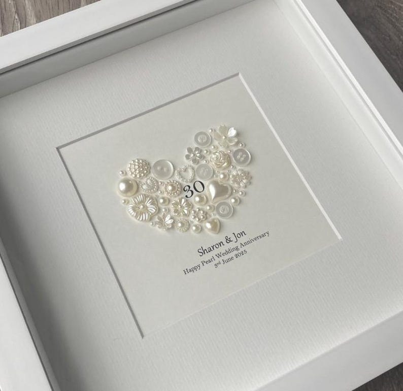 30th Anniversary Gift, Pearl Wedding Anniversary, 30th Wedding Gift, Pearl Anniversary Frame, Gift for Couples, Celebrations, Pearl Heart image 3