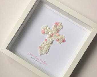 Baptism Gift for Girl - Christening Gift - Button Art - Confirmation Gift - Gift for Goddaughter - Christian Gift - Cross - Religious Art