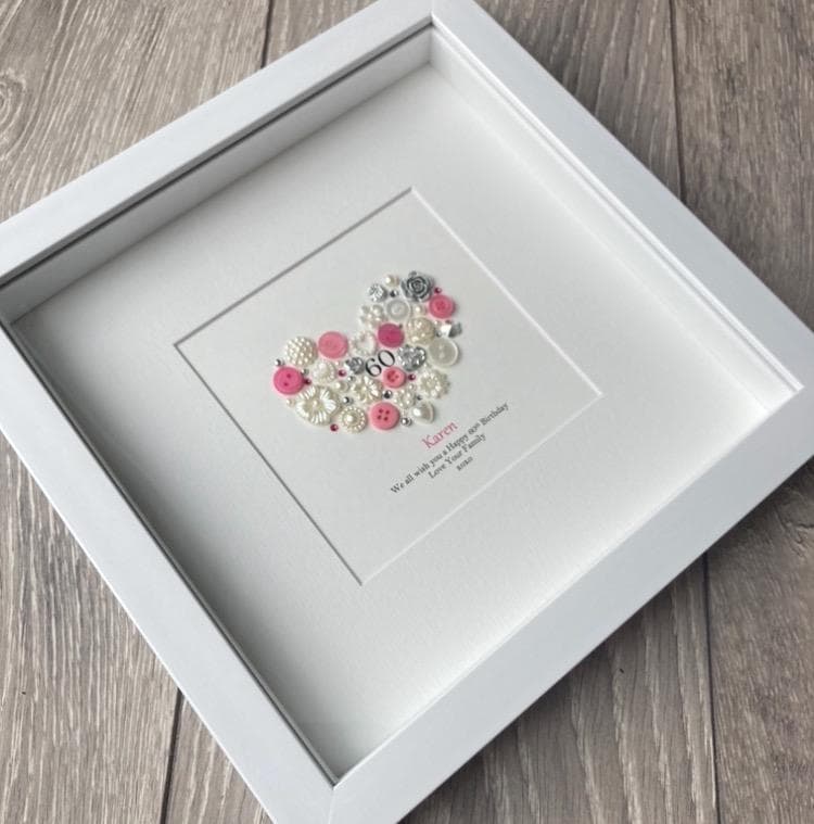 Personalized Birthday Button Art, Silver Pink Cream Keepsake, Framed, Personalised Artwork