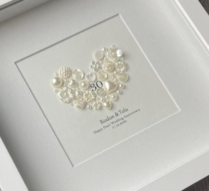 30th Anniversary Gift, Pearl Wedding Anniversary, 30th Wedding Gift, Pearl Anniversary Frame, Gift for Couples, Celebrations, Pearl Heart image 2