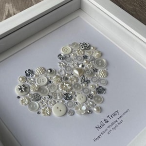 25th Anniversary Button Art, Silver Wedding Gift, Personalized Heart Frame, Personalised Artwork, Handmade image 1