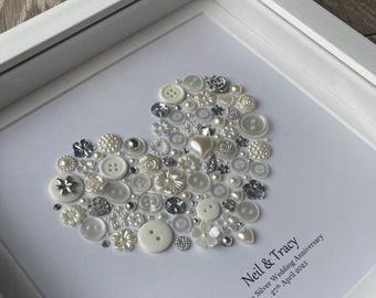 25th Anniversary Button Art, Silver Wedding Gift, Personalized Heart Frame, Personalised Artwork, Handmade