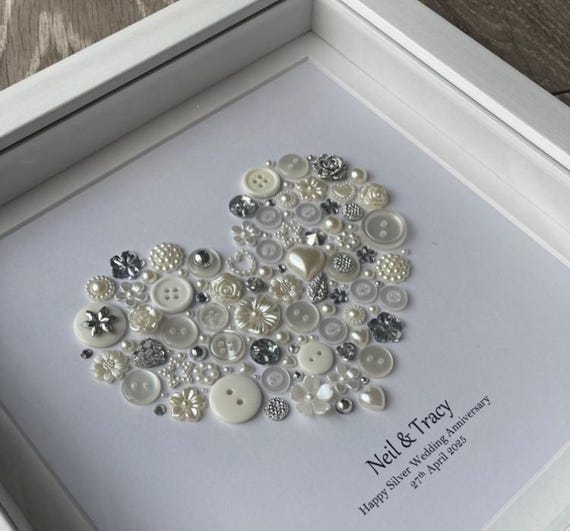 25th Anniversary Button Art, Silver Wedding Gift, Personalized Heart Frame, Personalised Artwork, Handmade
