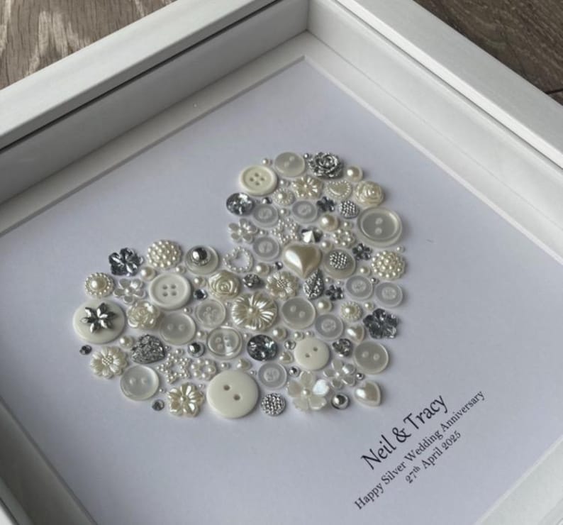 25th Anniversary Button Art, Silver Wedding Gift, Personalized Heart Frame, Personalised Artwork, Handmade image 1