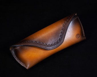 Brown leather glasses case, Handmade luxury reading glasses case, stamped and stitched by hand, lined with natural leather