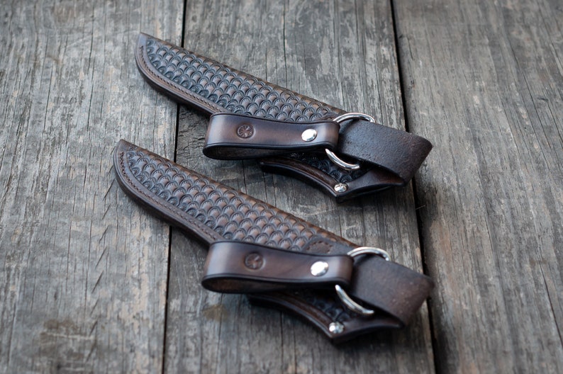 Leather Tooled Knife Sheath Dragon Scales Pattern Fixed Etsy
