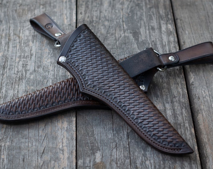 Leather Knife Sheath Basketweave Pattern Tooled Leather Pouch Universal