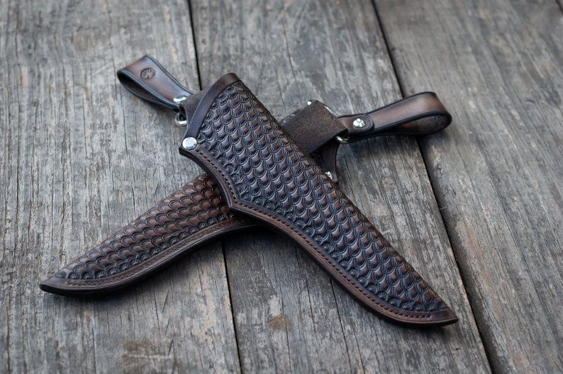 Leather Tooled Knife Sheath Dragon Scales Pattern Fixed Etsy