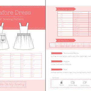 May include: A sewing pattern for a pinafore dress with a pink background and a white outline of the dress. The pattern includes size charts, fabric recommendations, and a list of supplies and tools needed to make the dress. The text "Oh Me Oh My Sewing" is at the bottom of the page.