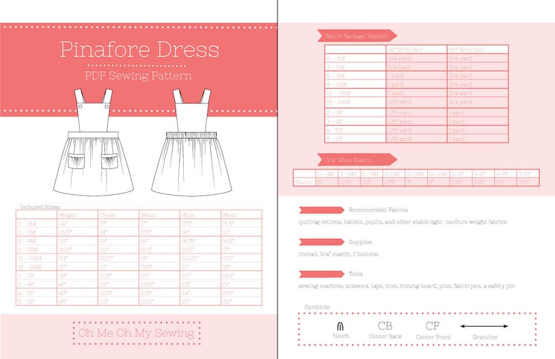 May include: A sewing pattern for a pinafore dress with a pink background and a white outline of the dress. The pattern includes size charts, fabric recommendations, and a list of supplies and tools needed to make the dress. The text "Oh Me Oh My Sewing" is at the bottom of the page.