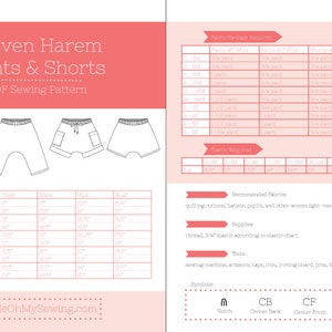 May include: A PDF sewing pattern for woven harem pants and shorts. The pattern includes sizes from 0-3 months to 7 years. The pattern includes a size chart, fabric requirements, and recommended fabrics. The pattern also includes a list of supplies and tools needed to sew the pants and shorts.