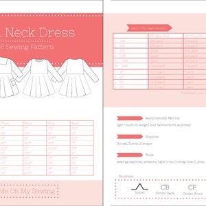 May include: A PDF sewing pattern for a cowl neck dress. The pattern includes sizes from 3M to 6T. The pattern includes instructions for sewing the dress, as well as a list of recommended fabrics and supplies.