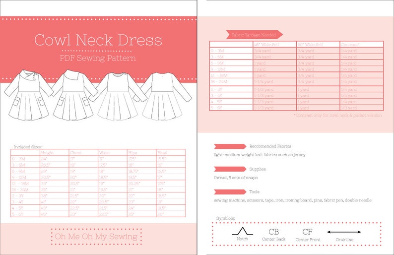 May include: A PDF sewing pattern for a cowl neck dress. The pattern includes sizes from 3M to 6T. The pattern includes instructions for sewing the dress, as well as a list of recommended fabrics and supplies.
