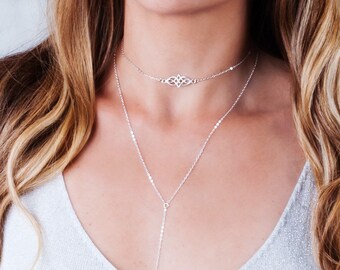 Conjunto de collar de lazo de plata esterlina: gargantilla celta, collar bohemio en capas, NL-20