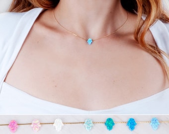 Opal Hamsa Choker Necklace, Dainty Hand of Fatima, Sterling Silver or Gold Filled, NP1032