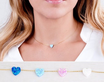 Opal Heart Choker Necklace, Dainty Heart Necklace, Opal Bead Choker, Gold Filled Heart Necklace, Love Necklace , Blue, White, Pink, NP1080