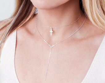 Y lariat and Cross Choker Necklace, Layered Necklace Set, Necklace Set 2, Cross Necklace, Y Necklace, Gold, Rose Gold, Sterling Silver, NL19