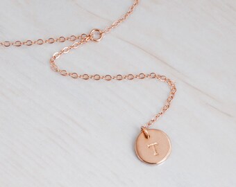 Rose Gold Lariat Necklace, Personalized Necklace, Rose Gold Y Disc Necklace, Disc Chain Necklace, Sterling Silver, Engraved Initial Necklace