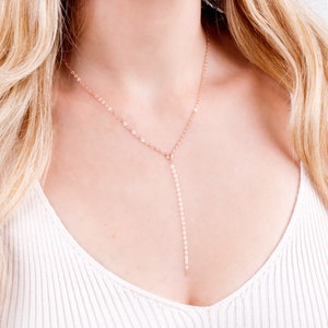 Roségouden lariatketting, roségouden Y-ketting, sierlijke ketting, minimale lariatketting, gold filled, sterlingzilver, NX50013