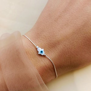 Winziges Hamsa-Armband: Perlmutt-Auge, Echtsilber, BR09