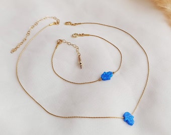 Necklace Bracelet Jewelry Set, Hamsa Choker Necklace, Opal Hamsa Bracelet, Gold Hamsa Choker, Blue Opal Bracelet, Hand of Fatima, SET32