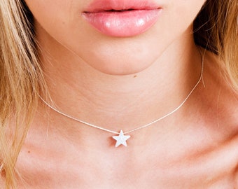 Star Choker Necklace, Opal Star Necklace, Star Charm Necklae, Thin Choker, Dainty Neckalce, Blue, White, Sterling Silver, Gold Filled NP1090