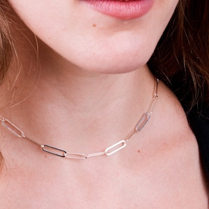 Sterling Silver Choker Necklace, Layered Choker Chain, Short Paperclip Necklace, Minimal Wide Choker, lightweight Boho Choker, NX50037