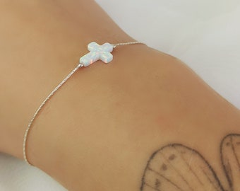 Sideways Cross Bracelet, Cross Bracelet, Christian Jewelry, Blue Cross Bracelet, Dainty White Cross, Sterling Silver, Gold, Rose Gold , B10