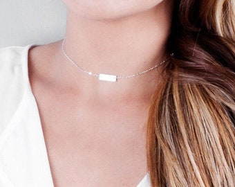 Small Bar Choker Necklace, Personalized Bar Choker, Delicate Necklace, Initial Necklace, Engraved Necklace, Silver, Gold, Rose Gold, NP1056