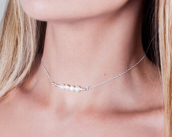 Pearl Choker Necklace, Pearl Bar Necklace, Layered Choker, Simple Necklace, Gold, Sterling Silver, Rose Gold, Minimalist Bridal Necklace