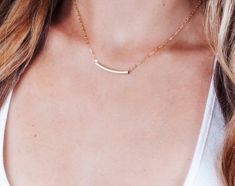 Gold Tube Necklace, Curved Bar Necklace, Layered Necklace, 14K Gold Filled Necklace, Sterling Silver, Simple Gold Necklace, Minimal Necklace