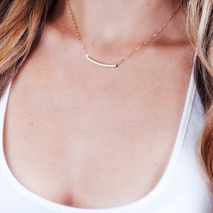 Gold Tube Necklace, Curved Bar Necklace, Layered Necklace, 14K Gold Filled Necklace, Sterling Silver, Simple Gold Necklace, Minimal Necklace