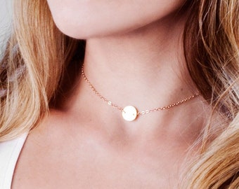 Personalized Rose Gold Disc Necklace, Disc Choker Necklace, Rose Gold Initial Choker, Delicate Necklace, Choker Disc, Personal Gift, NP1057H