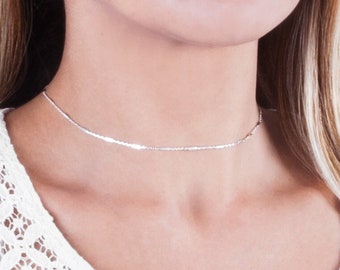 Simple Silver Choker, 925 Sterling Silver Necklace, Layering Choker Necklace, Tiny Beaded Bar Chain Necklace, Minimalist Necklace, NX50023