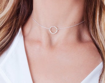 Sterling Silver Circle Choker, Dainty Karma Necklace, NP1049