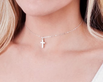 Cross Choker Necklace, Sterling Silver Cross Necklace, Tiny Cross Necklace, Layered Cross Choker, Christian Necklace, Dainty Cross, NP1069