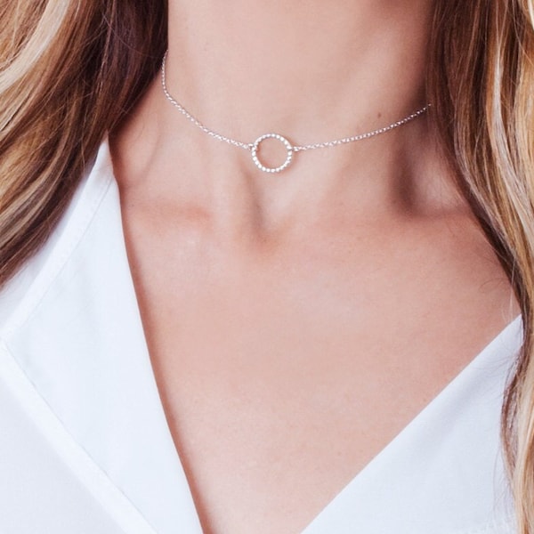 Sterling Silver Choker, Dainty Choker Necklace, Circle Choker, Silver Collar Necklace, Ring Choker Necklace, Karma Necklace, NP1049