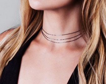 Multi Layer Choker Halskette, Silber Kette Halskette, Zarte Choker Halskette, Schwarz Silber Choker, Silber Kette Choker, NX50017-OX