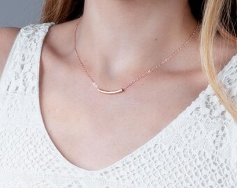 Rose Gold Curved Bar Necklace, Curved Bar Necklace, Tube Necklace, Minimal Pink Gold Filled Necklace, Layer Necklace, Thin Everyday Necklace