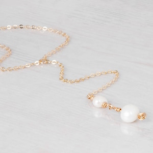 Pearl Drop Necklace, Y Lariat Pearl Necklace, Bridal Pearl Lariat Necklace, Long Necklace, Sterling Silver, Gold Filled, Rose Gold, NB012