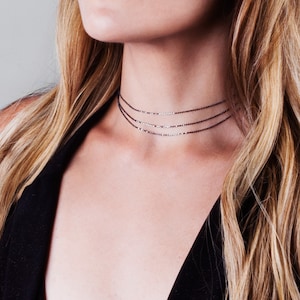 Multi Layer Choker Necklace, Oxidized Silver Chain Necklace, Delicate Choker Necklace, Black Silver Choker, Silver Chain Choker, NX50017-OX