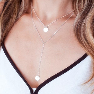 Layered Necklace Set of 2, Y Disc Necklace, Double Layer Necklace, Initial Necklace, Lariat Disk Necklace, Sterling Silver, Gold, Rose Gold
