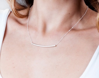 Long Curved Bar Necklace, Long Tube Necklace, Sterling Silver Tube Necklace, Geometric Necklace, Minimal Necklace, Line Necklace, NP1044-S