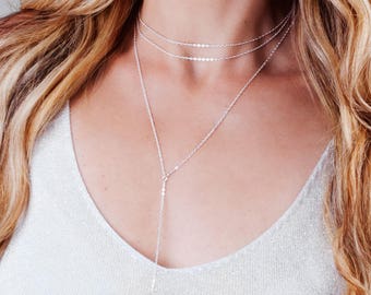 Sterling Silver Choker Necklace Set, Necklace Set of two, Y lariat Necklace, Layered Necklace Set, Silver Choker Chain Necklace, NL-13