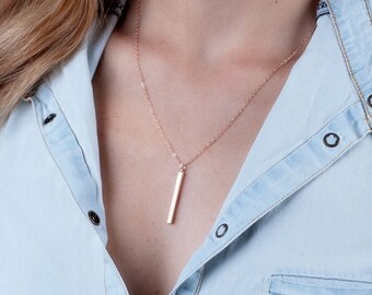 Collier de barre d'or de rose, collier vertical de barre, collier minimal de barre, long collier, or, argent sterling, collier de bâton de Dainty, NP1051V