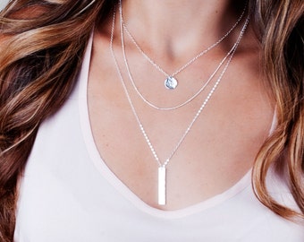 Conjunto de collar de plata de ley de varias capas, collar con barra y disco personalizado, NL-10
